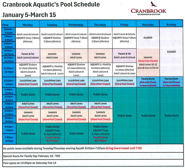 Aquatic Pool Schedule January 5 - March 15, 2026